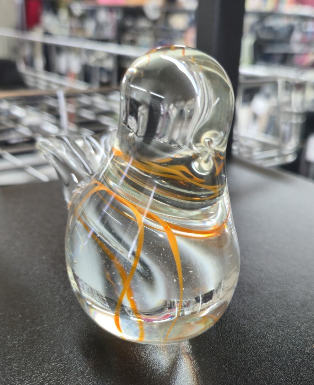 Hand Blown Art Glass Bird Figurine Clear w Orange Threading Vintage Style